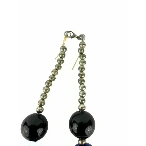 Round Chunky Big Lucite Bead Necklace Blue Black Clear Floral Design Silver Tone - Picture 6 of 8